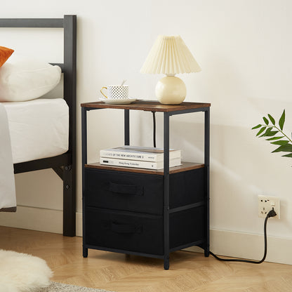 Tea table with charging station, bedside table with USB port, socket and cloth bag, 2 drawers - The Nex Store