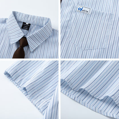 Striped Short-Sleeved Shirt Unisex College Style  Loose Fit All-Match Dress Shirt with Tie - The Nex Store