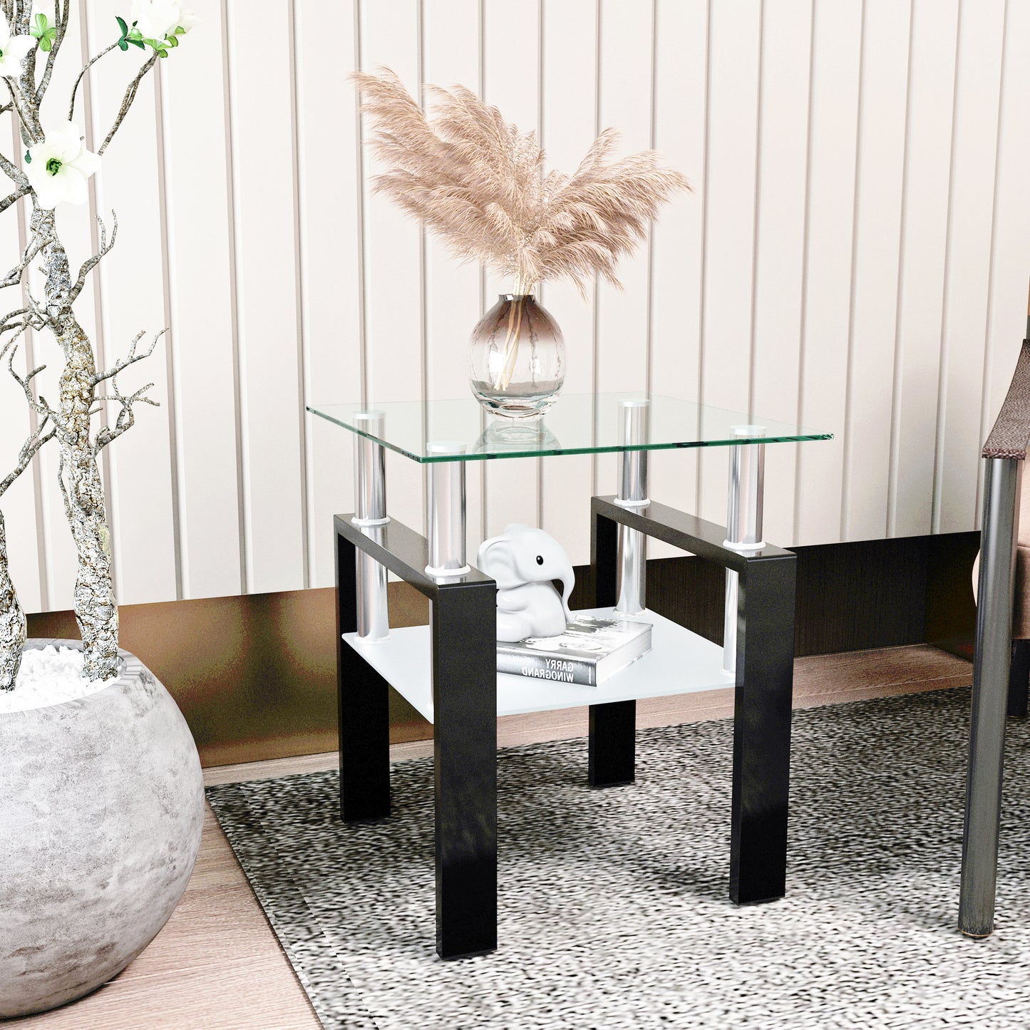 1-Piece Modern Tempered Glass Tea Table Coffee Table End Table, Square Table for Living Room, Transparent/Black - The Nex Store
