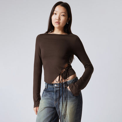 Women's Crew Neck Ruffle Trim Solid Side Tie T-Shirt Top - The Nex Store