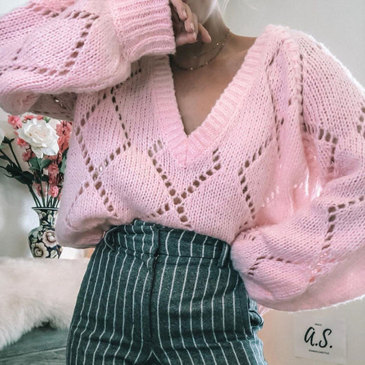 Women's Autumn/Winter Knitted Sweater V-neck Sexy Hollow Long Sleeve Loose Fashion Knitted Sweater Top for Women - The Nex Store