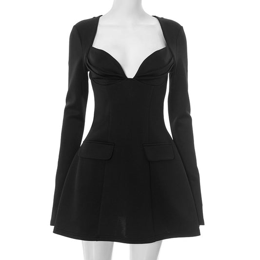 Women's Deep V-neck Solid Color Cap Sleeve Fake Pocket A-line Dress - The Nex Store