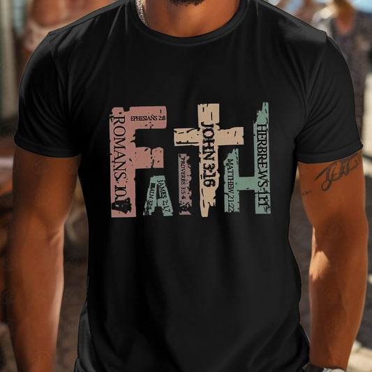 Men's Casual Round Neck T-shirt With Inspirational Bible Scripture Print, Regular Style Short Sleeved Knitted Fabric Top, Suitable For Summer Outings - The Nex Store