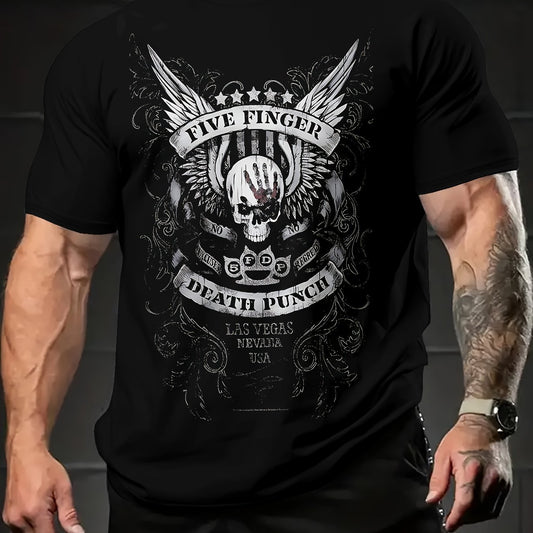 Vintage Letter And Skull Print Round Neck Short Sleeved T-shirt For Men, Casual Summer T-shirt, Suitable For Daily Wear And Vacation Destinations - The Nex Store