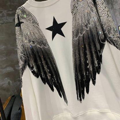 Autumn and winter luxury fashion hoodie for men and women, heavy-duty hot stamping, full diamond, large wings, wings, round neck pullover, couple style - The Nex Store