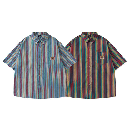 Retro Colorful Striped Short-Sleeved Shirt for Men and Women - The Nex Store