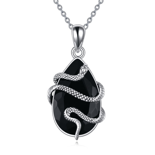 Sterling Silver Black Obsidian Tourmaline Crystal Snake Necklace Jewelry as Gifts - The Nex Store