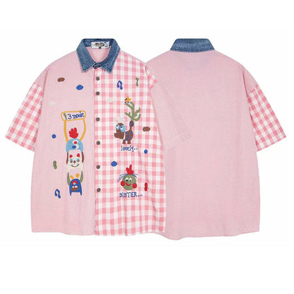 Splicing Fun Embroidery Short Sleeve Shirt Unisex Casual Loose Couple Leisure Shirt - The Nex Store