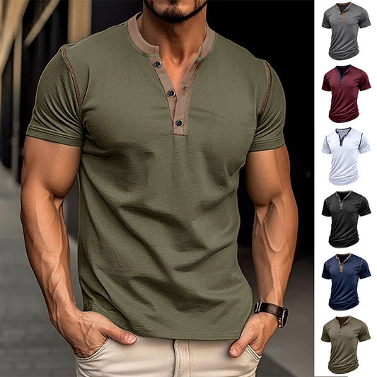 Fashion Short-sleeved Polo Shirt Summer Button V-neck T-shirt Tops Mens Clothing - The Nex Store