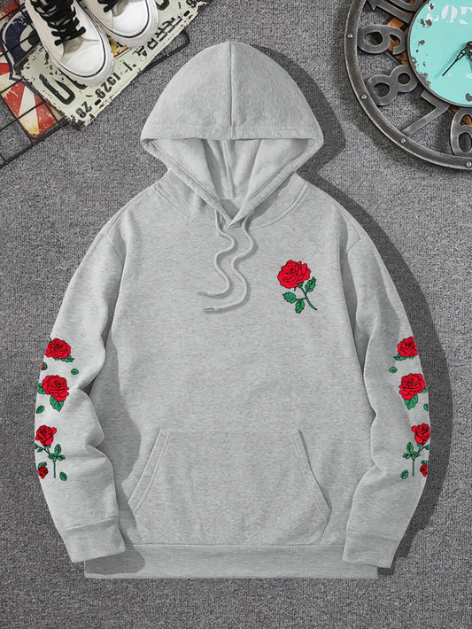 New printed red rose off shoulder sweatshirt casual street men's and women's sportswear pullover loose hoodie - The Nex Store
