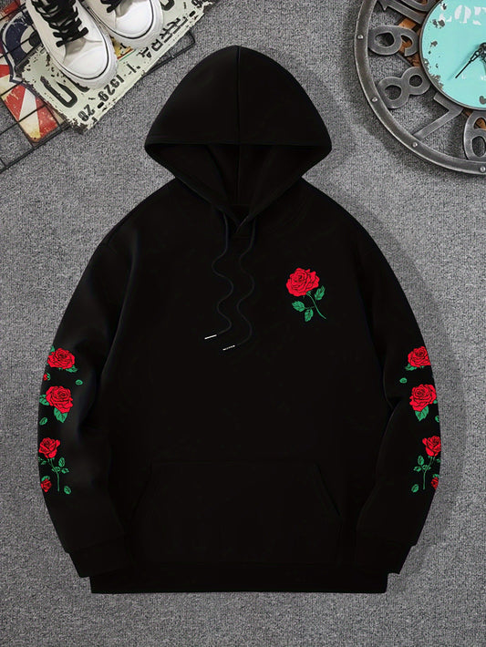 New printed red rose off shoulder sweatshirt casual street men's and women's sportswear pullover loose hoodie - The Nex Store