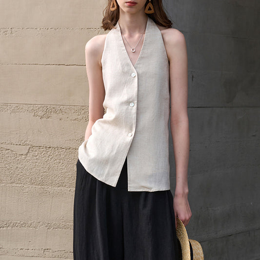 Elegant Retro V-Neck Halter Strapless Top Women Tencel Linen Large Backless Tie Sleeveless Blouse Linen Sexy Camisole Summer - The Nex Store