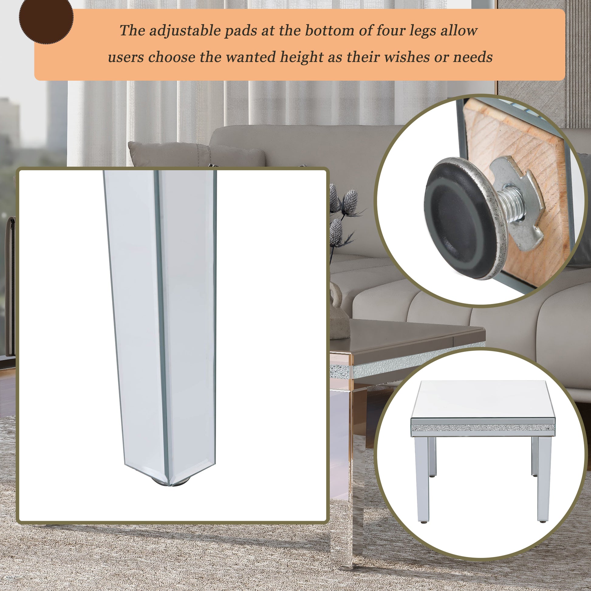 The ON-TRANS stylish modern glass mirrored coffee table features a crystal design and adjustable height legs in silver - The Nex Store