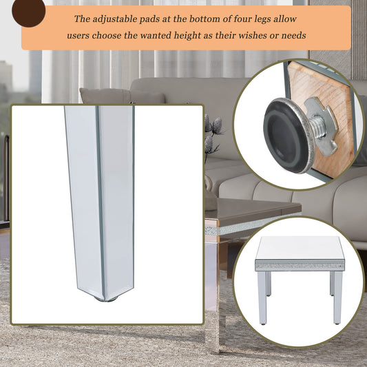 The ON-TRANS stylish modern glass mirrored coffee table features a crystal design and adjustable height legs in silver - The Nex Store