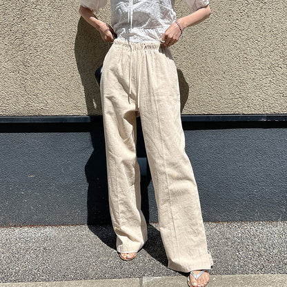 Cotton Linen High-Waist Drawstring Elastic Waist Casual Pants Women Loose Ankle-Length Trousers Summer New Breathable Slimming Straight Leg Pants - The Nex Store