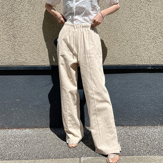Cotton Linen High-Waist Drawstring Elastic Waist Casual Pants Women Loose Ankle-Length Trousers Summer New Breathable Slimming Straight Leg Pants - The Nex Store