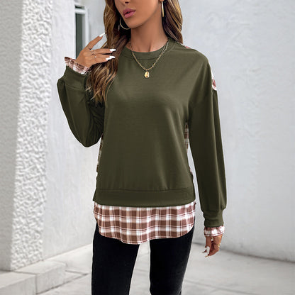 Grid stitched round neck pullover hoodie for women - The Nex Store