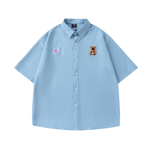 Retro Cute Cartoon Embroidery Short Sleeve Shirt Men's Design Loose Fit All-Match Couple Shirt - The Nex Store