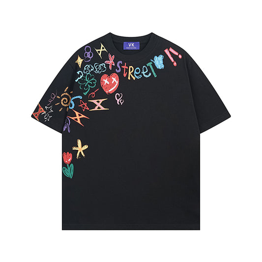 Retro Fun Graffiti Print Pure Cotton Heavyweight Short Sleeve T-Shirt Unisex Loose Casual Couple Top - The Nex Store