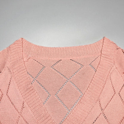Women's Autumn/Winter Knitted Sweater V-neck Sexy Hollow Long Sleeve Loose Fashion Knitted Sweater Top for Women - The Nex Store