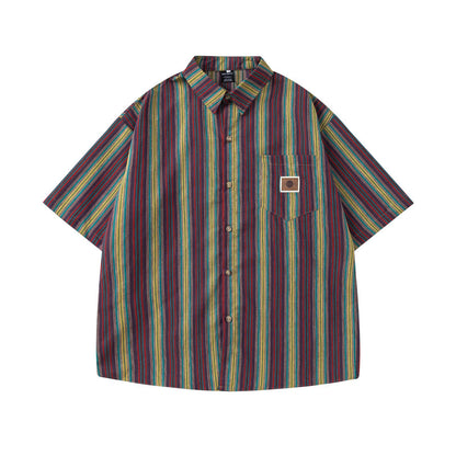 Retro Colorful Striped Short-Sleeved Shirt for Men and Women - The Nex Store