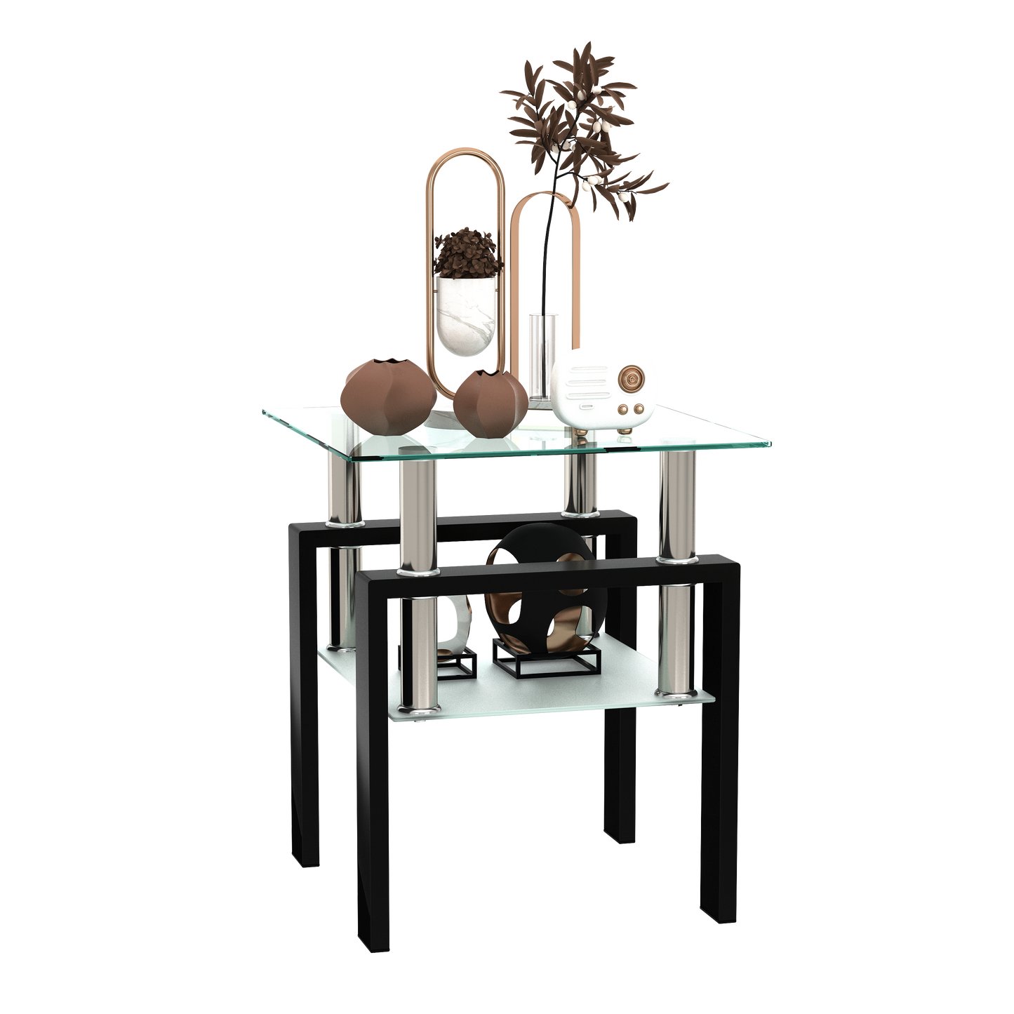 1-Piece Modern Tempered Glass Tea Table Coffee Table End Table, Square Table for Living Room, Transparent/Black - The Nex Store