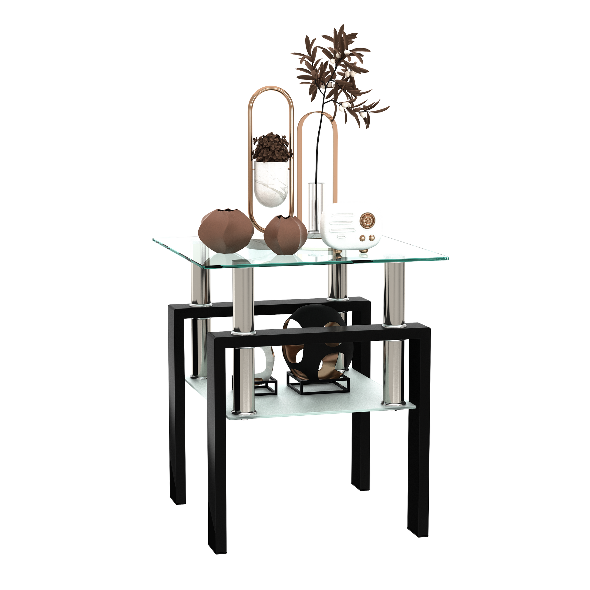 1-Piece Modern Tempered Glass Tea Table Coffee Table End Table, Square Table for Living Room, Transparent/Black - The Nex Store