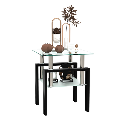 1-Piece Modern Tempered Glass Tea Table Coffee Table End Table, Square Table for Living Room, Transparent/Black - The Nex Store