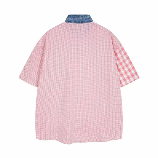 Splicing Fun Embroidery Short Sleeve Shirt Unisex Casual Loose Couple Leisure Shirt - The Nex Store