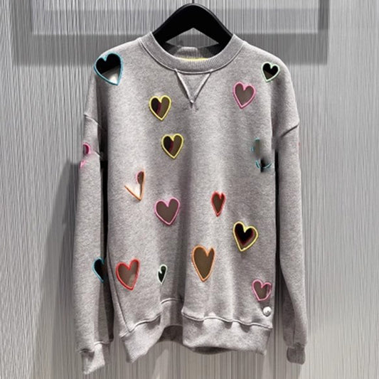 Small niche autumn and winter new grey round neck hollow out heart embroidered long sleeved hoodie for women - The Nex Store