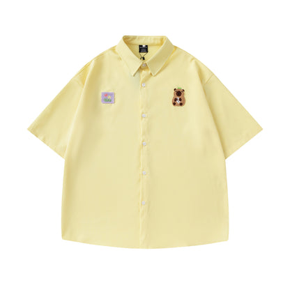 Retro Cute Cartoon Embroidery Short Sleeve Shirt Men's Design Loose Fit All-Match Couple Shirt - The Nex Store