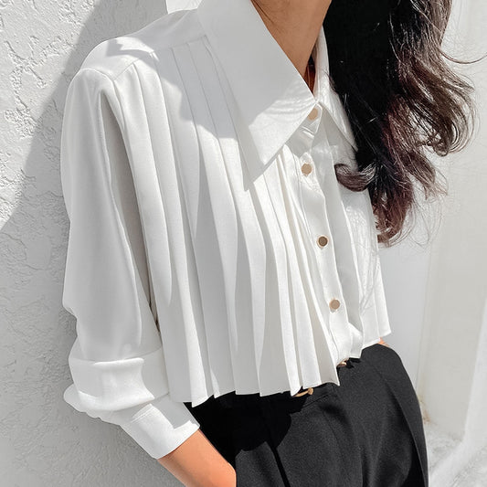 Early autumn pleated French white shirt women's long sleeved chiffon top commuting professional women's clothing - The Nex Store
