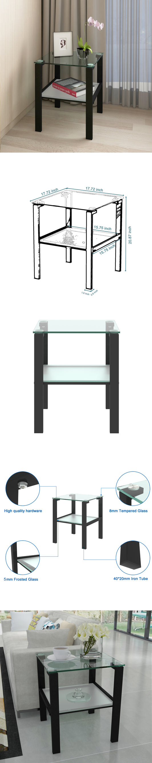 Glass two layer tea table, small round table, bedroom corner table, living room black side table - The Nex Store