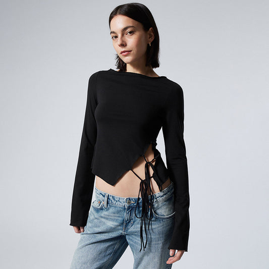 Women's Crew Neck Ruffle Trim Solid Side Tie T-Shirt Top - The Nex Store