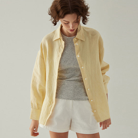 High-end Pure Linen Shirt Women's Spring and Summer Sunscreen Cardigan Loose Top Casual Cross-border Commuting Turn-down Collar Blouse - The Nex Store