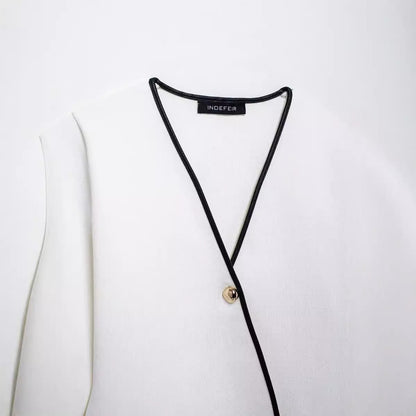 European and American autumn new style temperament V-neck contrasting side length sleeves solid color cardigan for women - The Nex Store