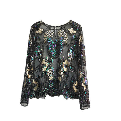 Fashionable women's clothing new trend heavy industry art bead round neck long sleeved base shirt - The Nex Store