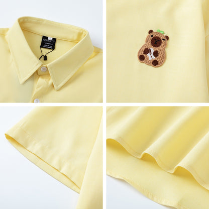 Retro Cute Cartoon Embroidery Short Sleeve Shirt Men's Design Loose Fit All-Match Couple Shirt - The Nex Store