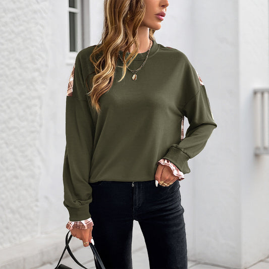 Grid stitched round neck pullover hoodie for women - The Nex Store