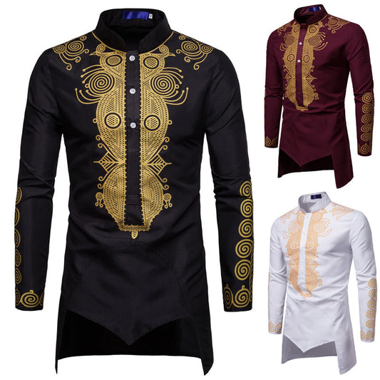 Long sleeved regular black youth all season universal stand up collar casual printed men's shirt - The Nex Store