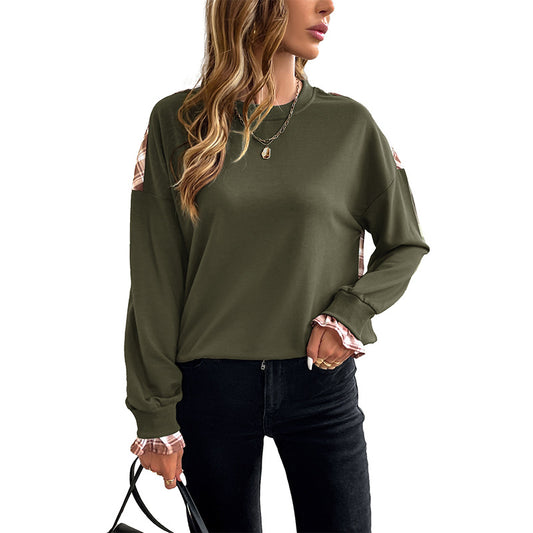 Grid stitched round neck pullover hoodie for women - The Nex Store