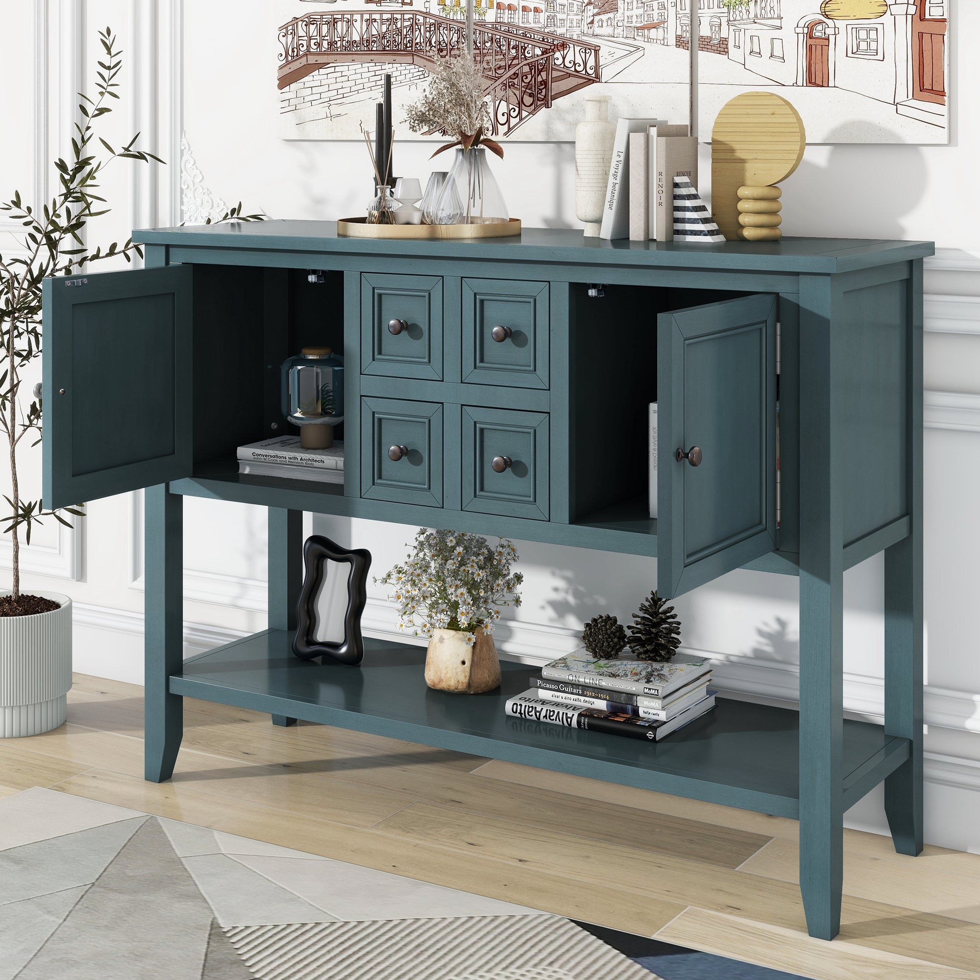 REXM Cambridge Series Spacious Storage Retro Console Desk with Four Small Drawers and Bottom Shelf - The Nex Store