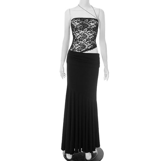 Women's Fine Strap Oblique Neck Lace Hollow-out Long Dress - The Nex Store