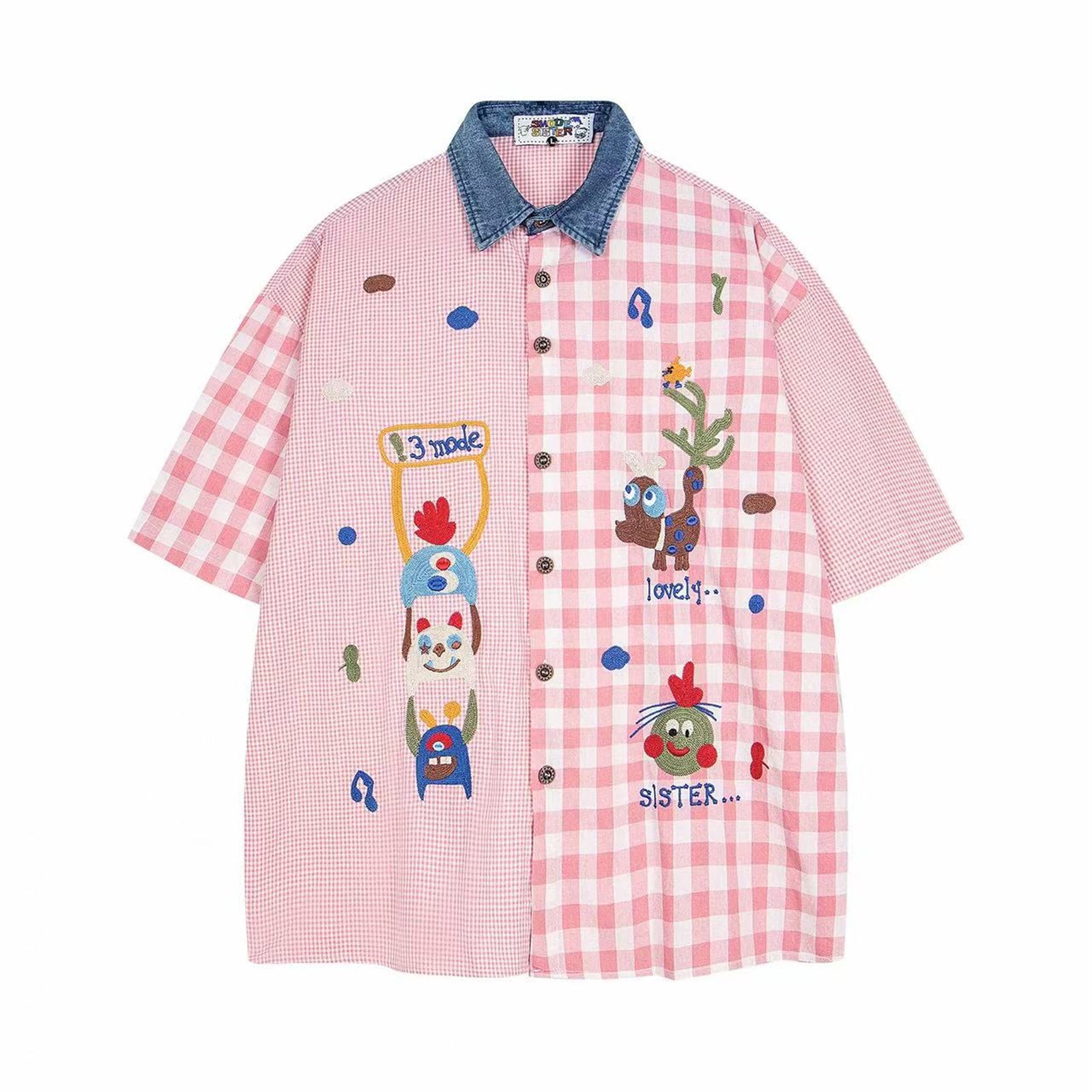 Splicing Fun Embroidery Short Sleeve Shirt Unisex Casual Loose Couple Leisure Shirt - The Nex Store