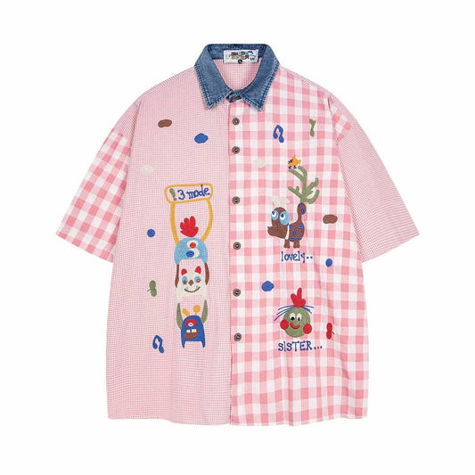 Splicing Fun Embroidery Short Sleeve Shirt Unisex Casual Loose Couple Leisure Shirt - The Nex Store