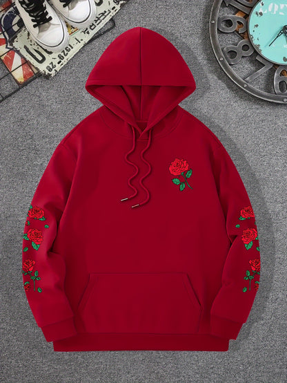 New printed red rose off shoulder sweatshirt casual street men's and women's sportswear pullover loose hoodie - The Nex Store