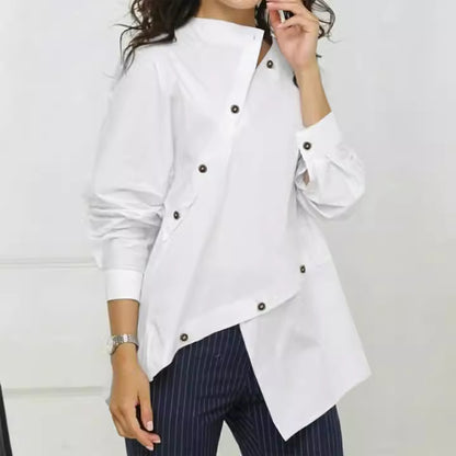 European and American women's fashion personalized button asymmetrical women's shirt long sleeved casual sloping collar top - The Nex Store