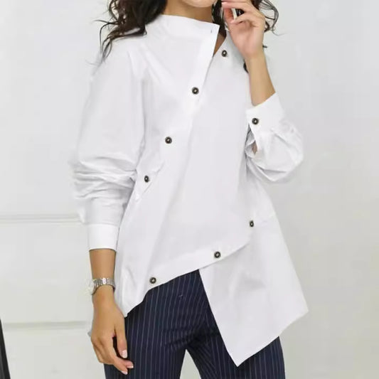 European and American women's fashion personalized button asymmetrical women's shirt long sleeved casual sloping collar top - The Nex Store