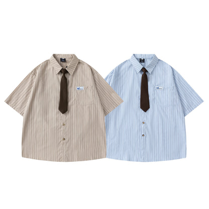 Striped Short-Sleeved Shirt Unisex College Style  Loose Fit All-Match Dress Shirt with Tie - The Nex Store
