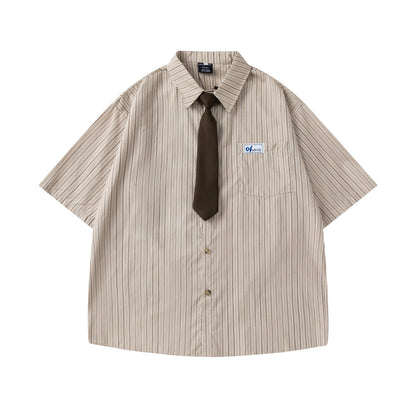 Striped Short-Sleeved Shirt Unisex College Style  Loose Fit All-Match Dress Shirt with Tie - The Nex Store